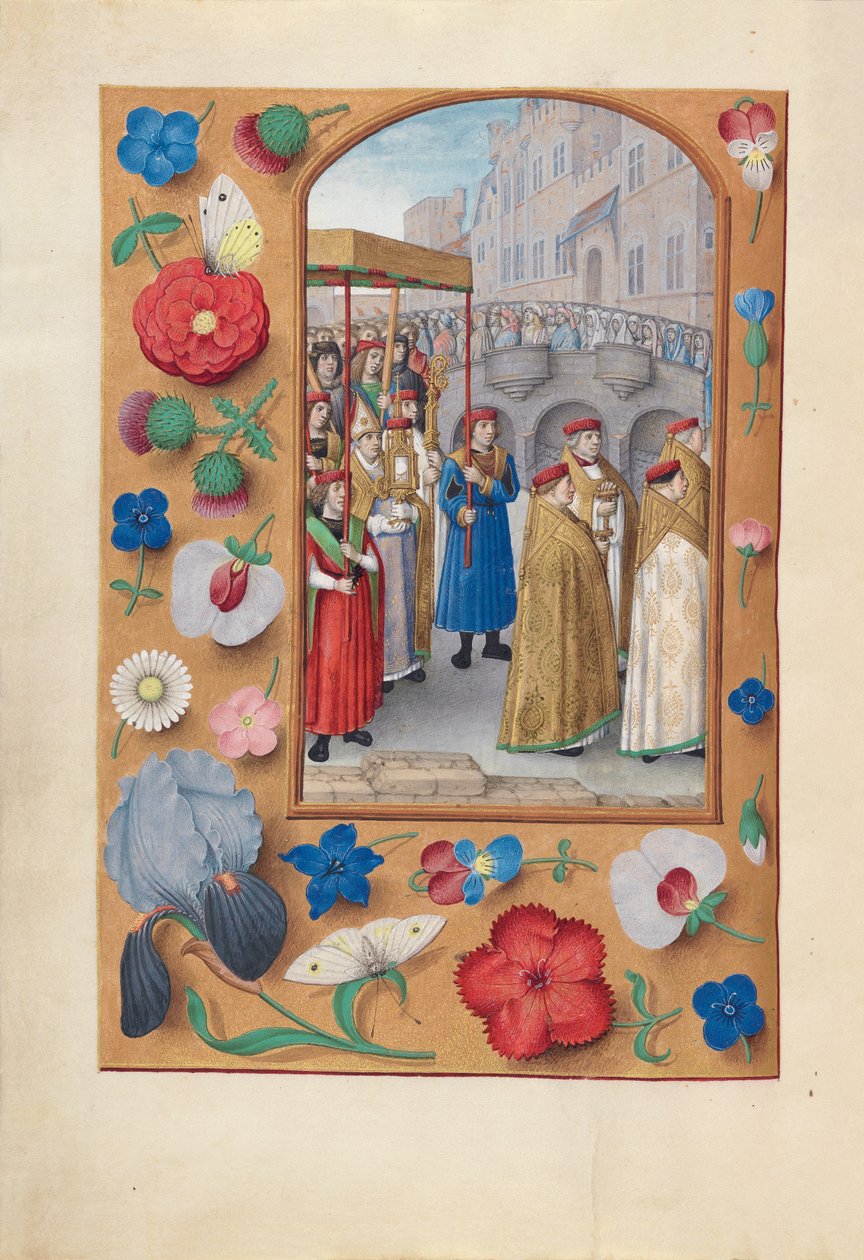 Timmar av drottning Isabella den katolska, drottning av Spanien:  Fol. 43v, Procession av sakramentet av Master of the First Prayerbook of Maximillian