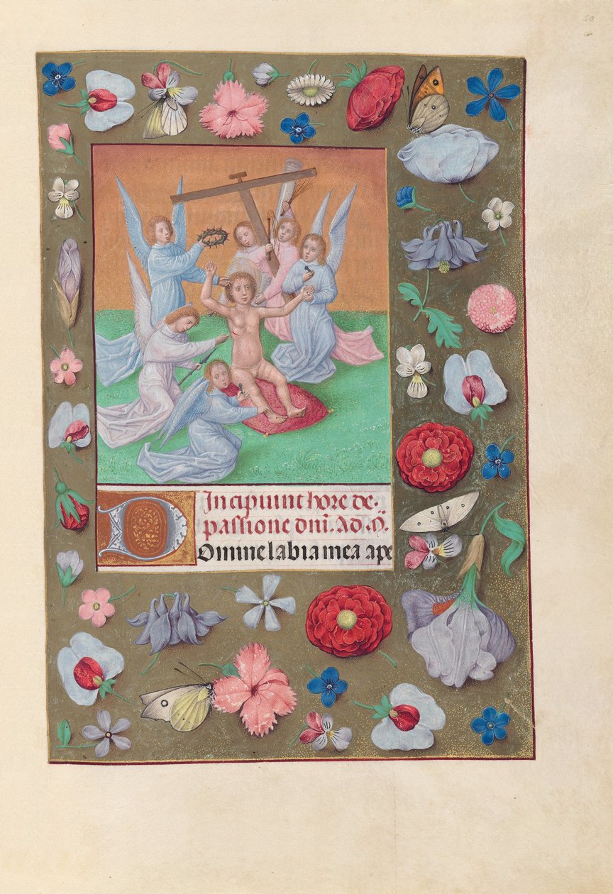 Timmar av drottning Isabella den katolska, drottning av Spanien:  Fol. 50r, Kristusbarnet med passionsinstrument av Master of the First Prayerbook of Maximillian