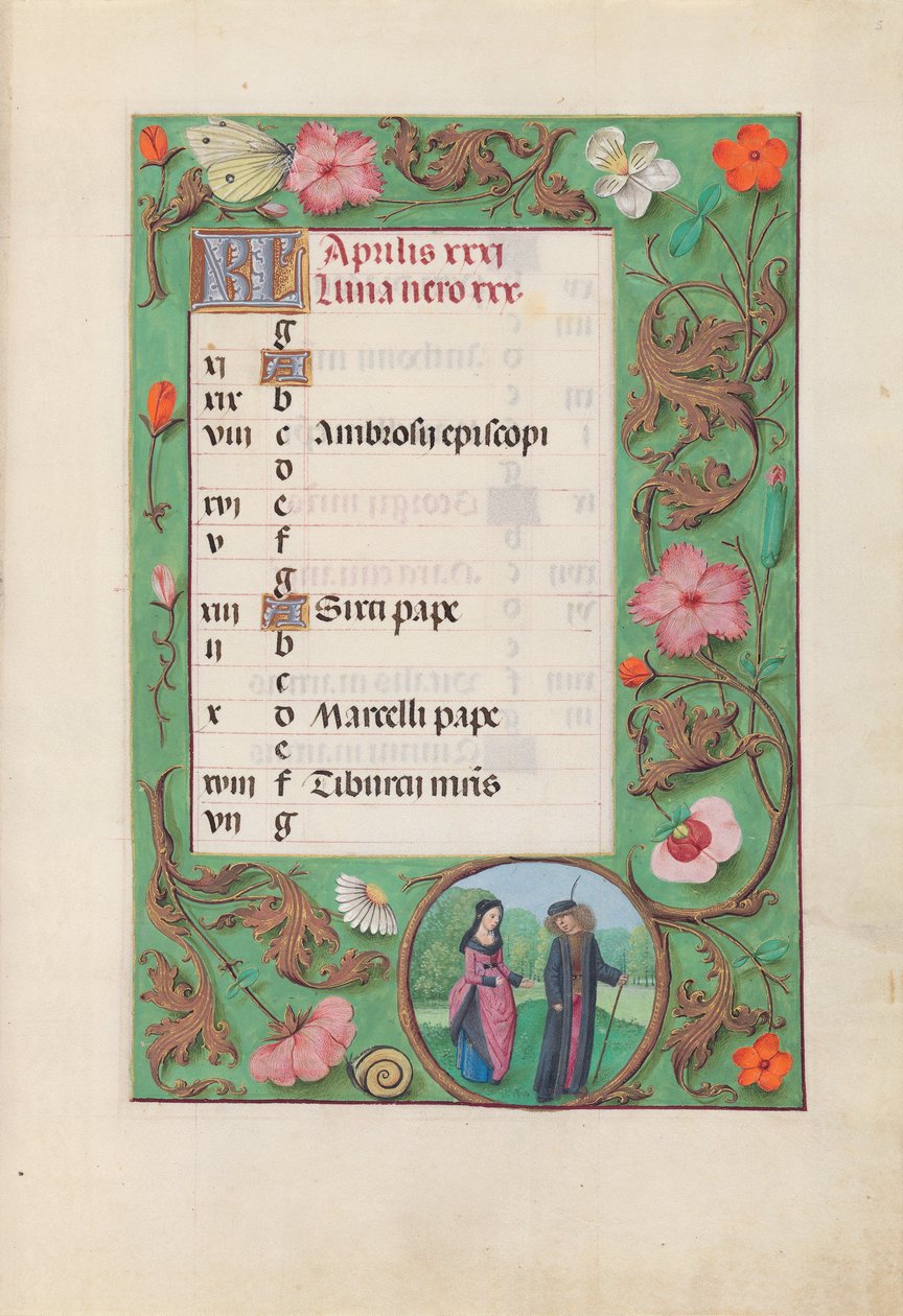 Hours of Queen Isabella the Catholic, Queen of Spain: Fol. 5r, april - Squire and Damsel, c. 1500. av Master of the First Prayerbook of Maximillian