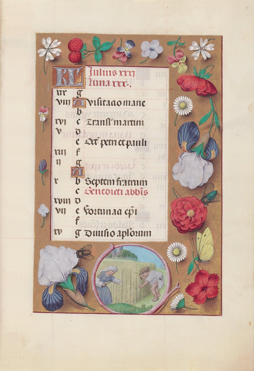 Hours of Queen Isabella the Catholic, Queen of Spain: Fol. 8r, juli - Skörd av vete, ca. 1500. av Master of the First Prayerbook of Maximillian