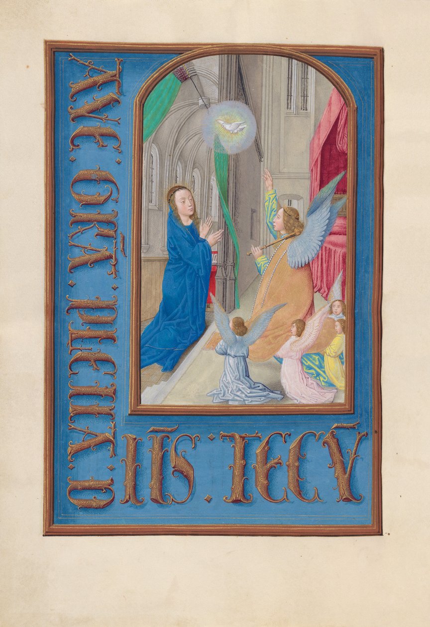 Timmar av drottning Isabella den katolska, drottning av Spanien:  Fol. 97v, Bebådelsen av Master of the First Prayerbook of Maximillian
