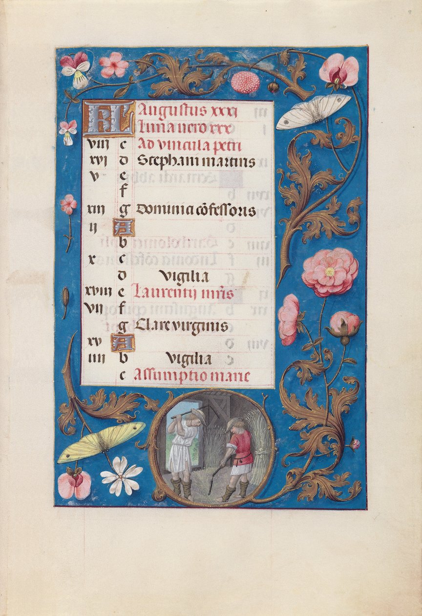 Timmar av drottning Isabella den katolska, drottning av Spanien:  Fol. 9r, augusti - Att tröska vete av Master of the First Prayerbook of Maximillian