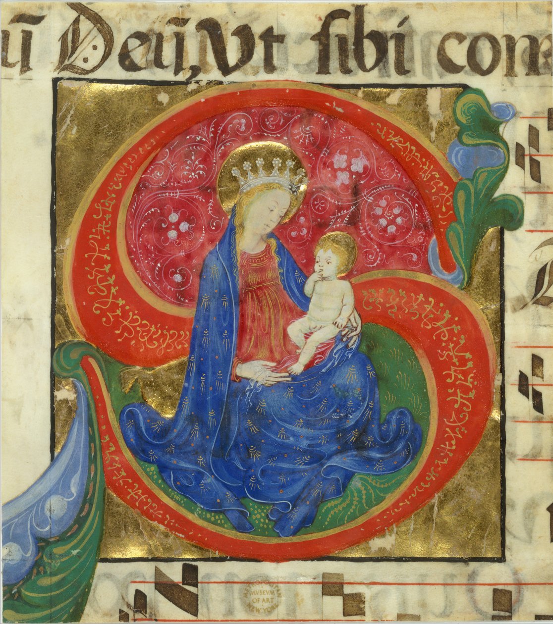 Manuskriptbelysning med jungfrun och barnet i ett initialt S, från ett antifonarium, mitten av 1400-talet av Master of the Franciscan Breviary