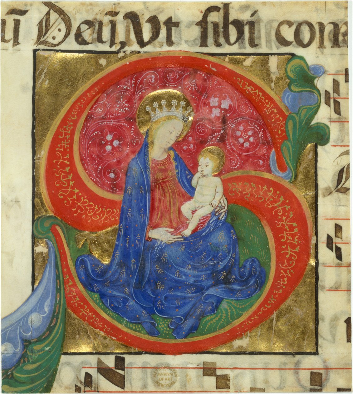 Manuskriptbelysning med jungfrun och barnet i en inledande S..., mitten av 1400-talet. av Master of the Franciscan Breviary