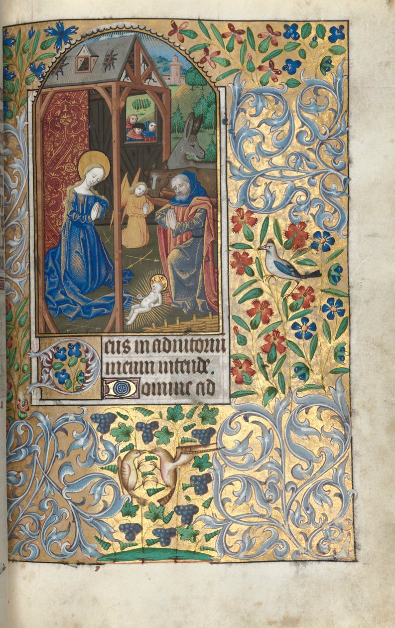 Timbok (Rouens bruk): fol. 56r, Tillbedjan med herdarna/Nativitet av Master of the Geneva Latini