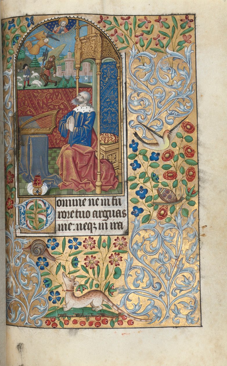 Timbok (Rouens bruk): fol. 80r, inledande botpsalmer, David botar sig, på avstånd David dräper Goliat av Master of the Geneva Latini