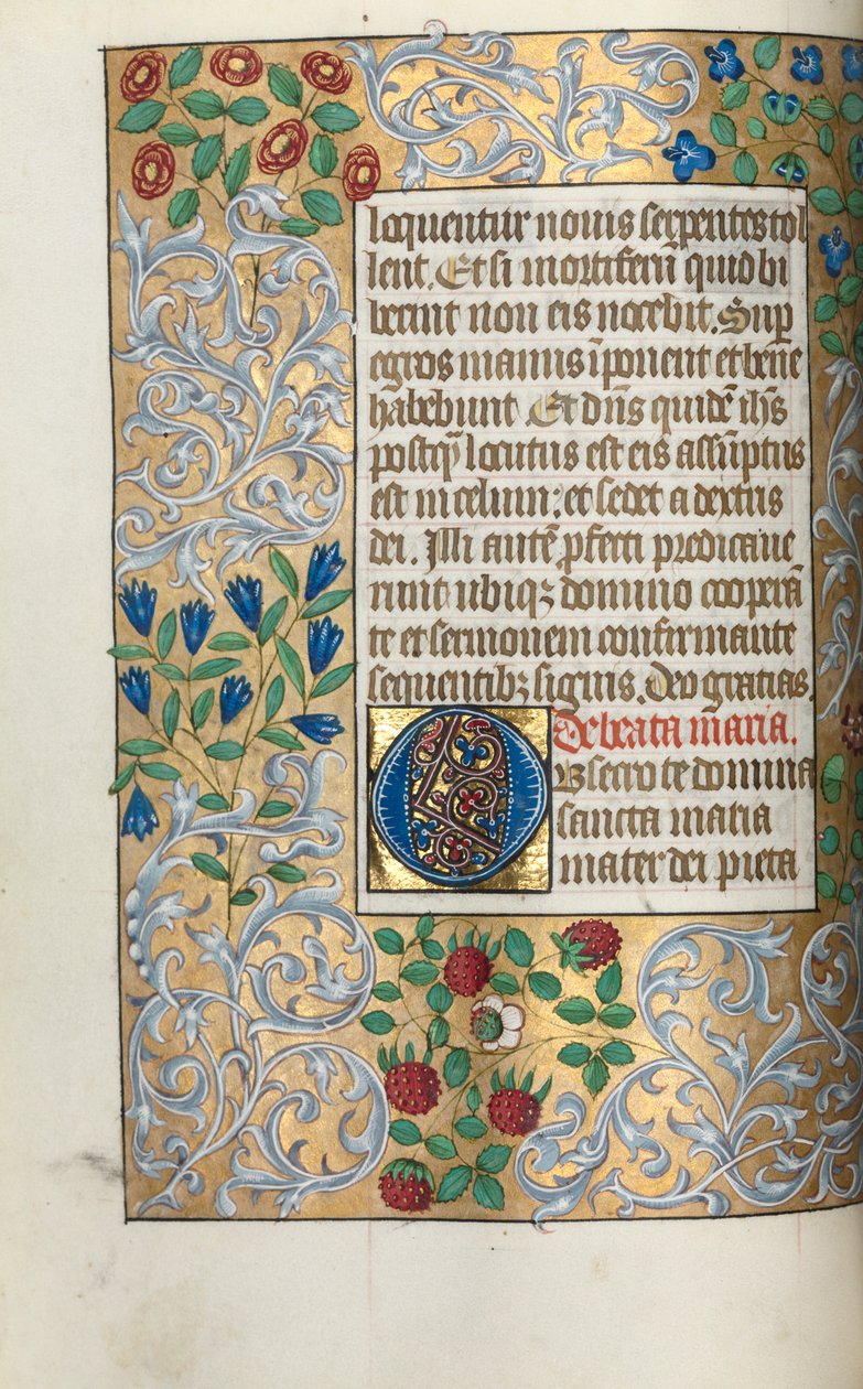 Tidsbok Användning av Rouen: fol. 18v, stort initialt O med utarbetad kant, ca. 1470. av Master of the Geneva Latini