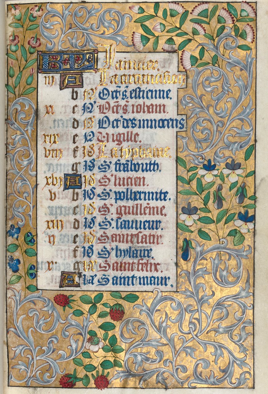 Tidsbok Användning av Rouen: fol. 1r, utarbetad folierad kant, ca. 1470. av Master of the Geneva Latini