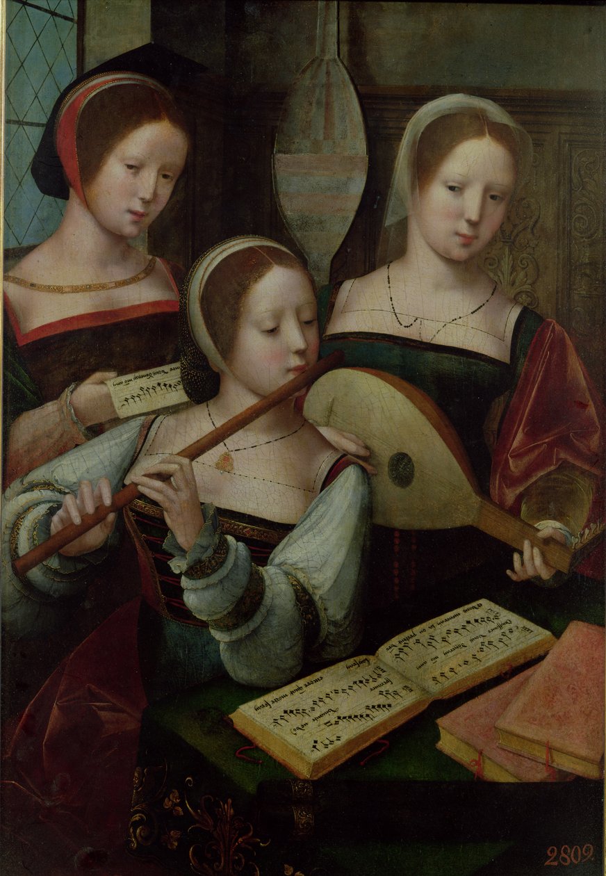 Tre musiker (tempera på panel) av Master of the Half Figures
