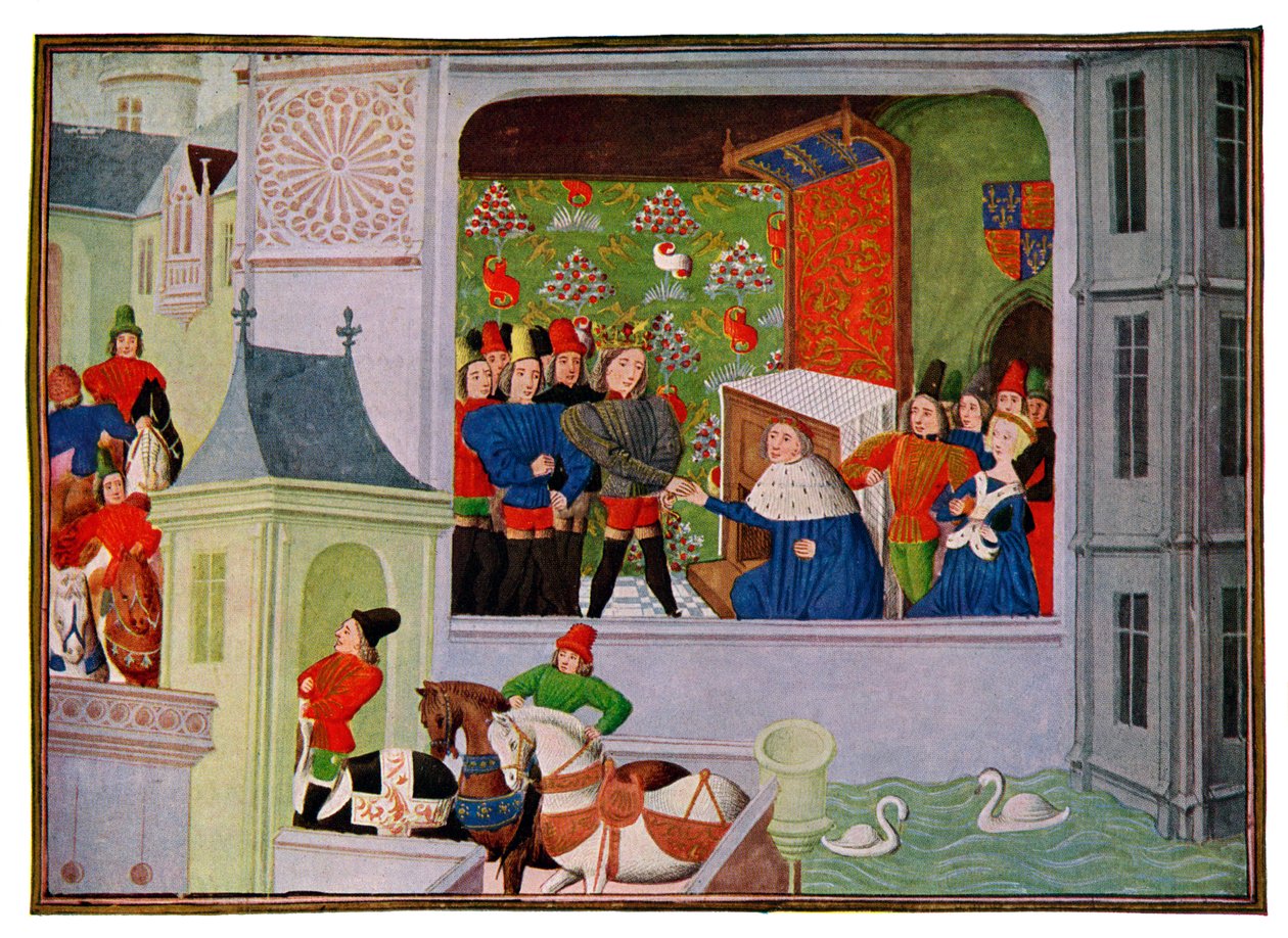 Intervju med Richard II och hertigen av Gloucester, 1300-talet 1400-talet. av Master of the Harley Froissart