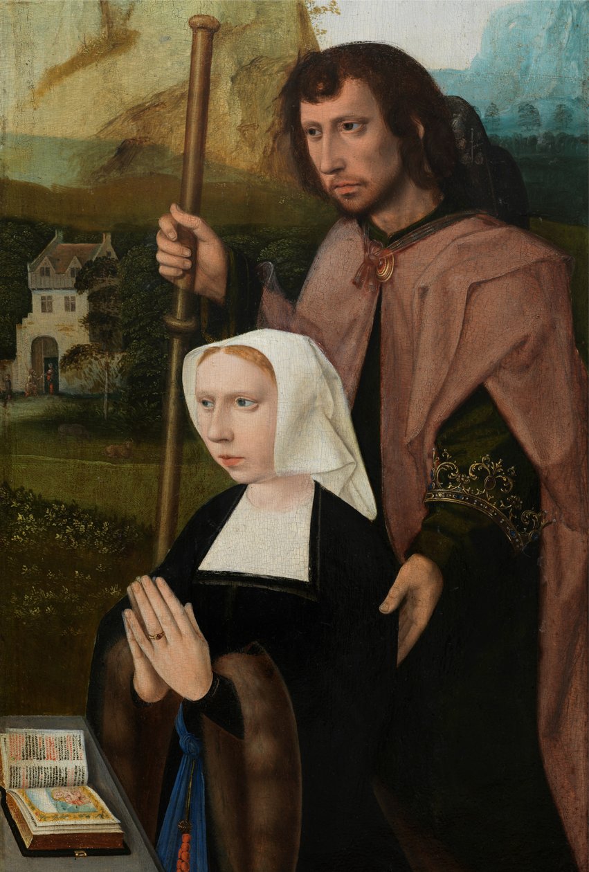 Detalj av den högra panelen av Jungfrun och barnet med St. Catherine och St. Barbara, ca 1520-25 (olja på panel) av Master of the Holy Blood