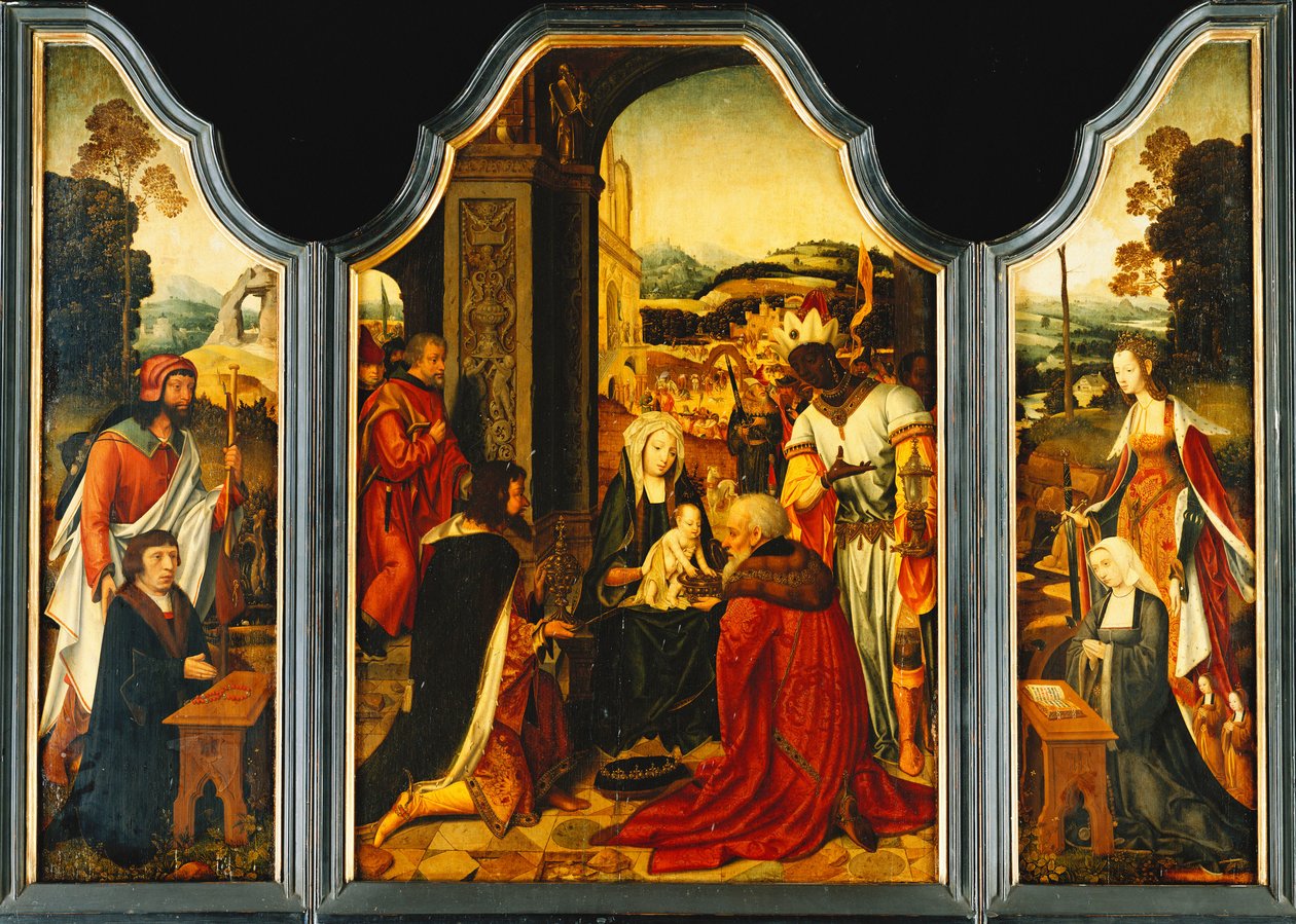 Triptyk: Adoration of the Magi, med St. James som presenterar givaren och St. Catherine of Alexandria presenterar givarens fru och två döttrar av Master of the Holy Blood