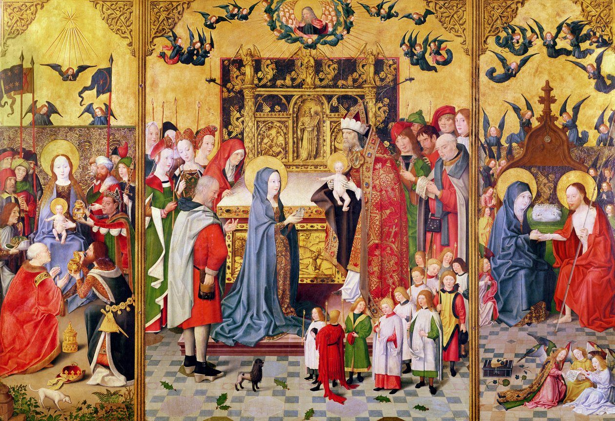 Altartavla över Jungfruns sju glädjeämnen, föreställande magiernas tillbedjan, presentationen i templet och Kristus som visar sig för Maria, ca 1480 av Master of the Holy Family