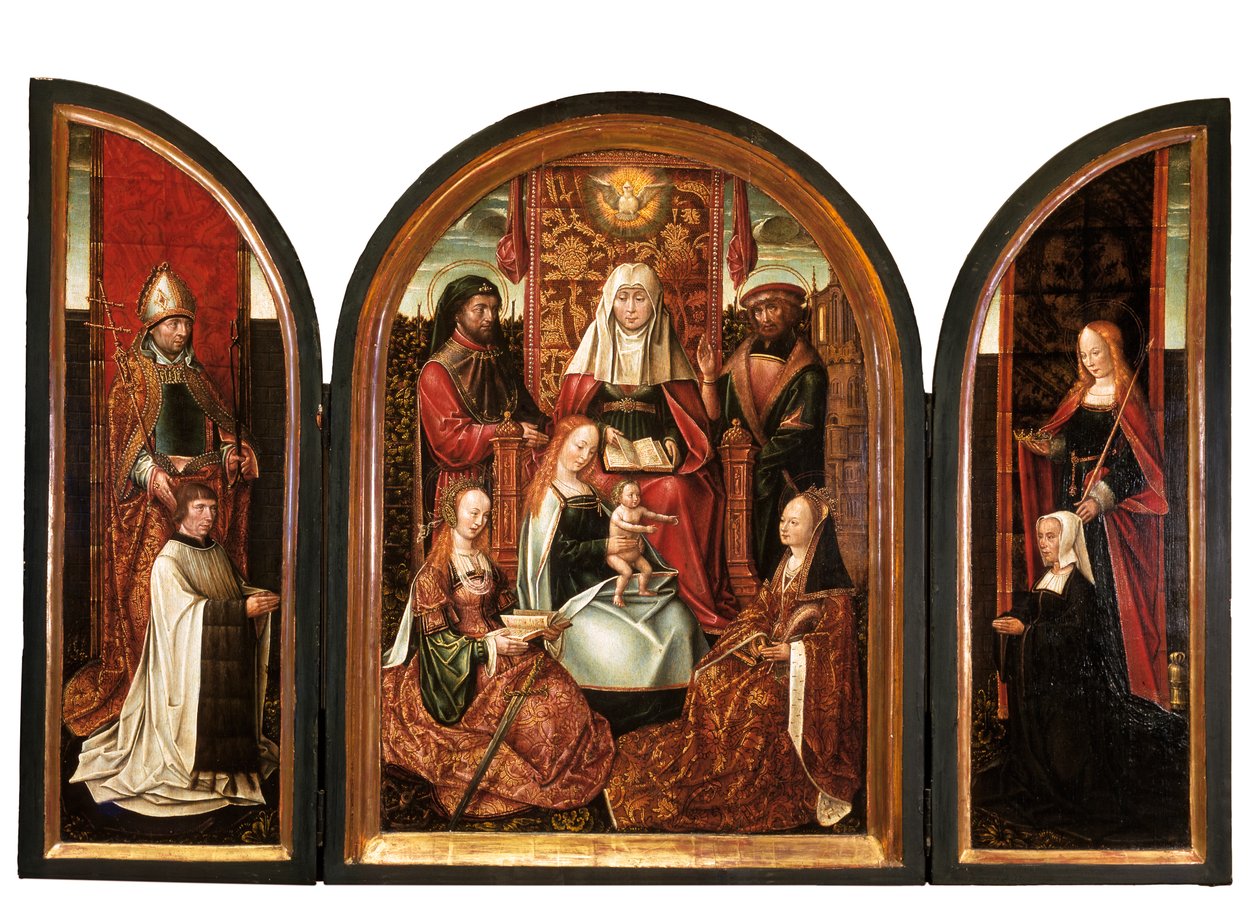 En kanon med St. Livinus (vänster flygel), The Family of St. Anne (mittpanelen), Donator med St. Elizabeth (höger flygel), The Annunciation (stängd) c.1500-10 (olja på panel) av Master of the Holy Family of St. Anne