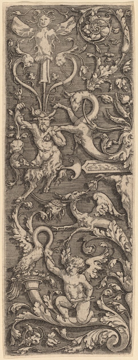 Prydnad med en Amor, en Satyr och Groteska figurer av Master of the Horse Heads