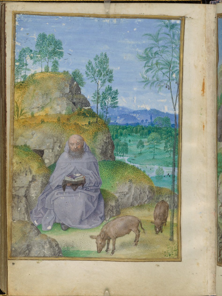 Sankt Antonius abbot i öknen, miniatyr från Emerson-White Hours. av Master of the Houghton Miniatures