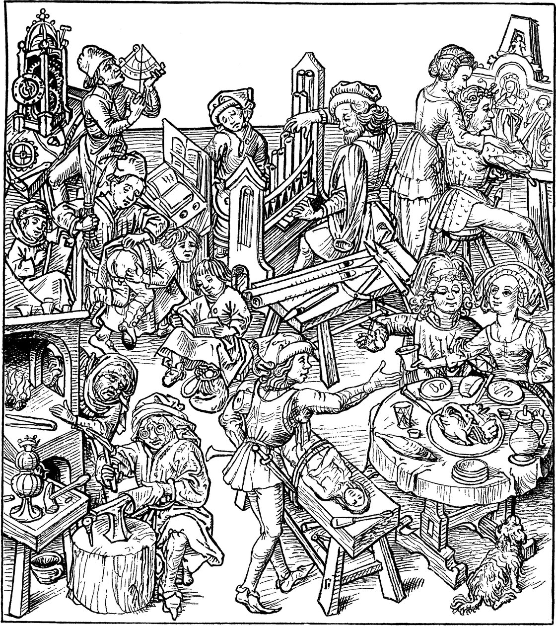 Merkurius och hans barn. Illustration från Husboken, 1480-talet av Master of the Housebook