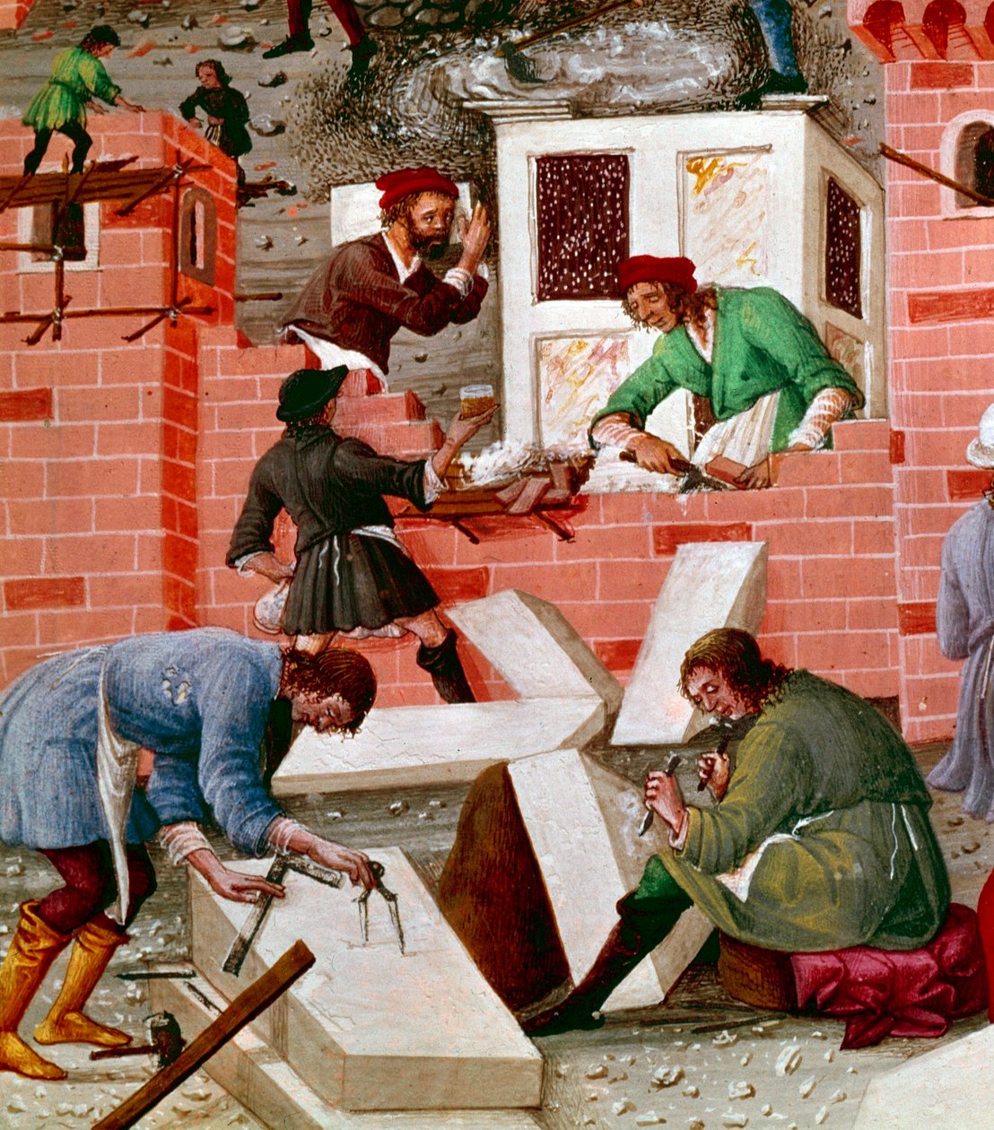 Byggandet av staden Rom, detalj. Arbetarna är aktiva i uppgiften: Macons, stenhuggare, bärare, marmor (marmor) och cement (förbereder cement) på jobbet. Miniatyr i "" Romuleon. Rom””” skriven av Benevenutus de Rambaldis (1338? -1390) och enlum av Master of the Innocent III missal