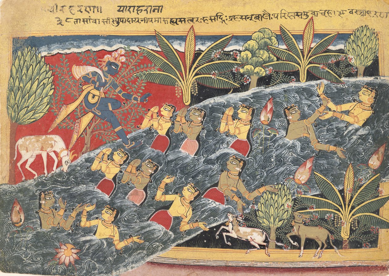 The Gopis vädjar till Krishna att lämna tillbaka sina kläder..., ca. 1560-65. av Master of the Isarda