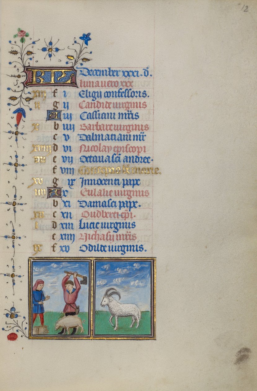 Kalendersida för december; Slakta en gris; Stenbocken av Master of the Lee Hours