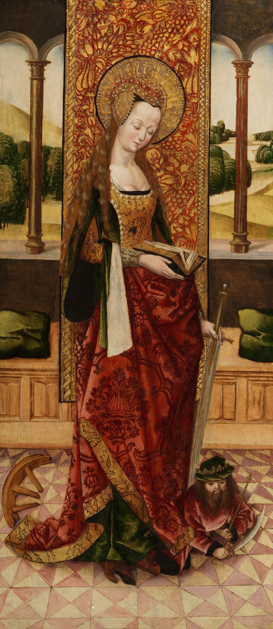 Triptyk av Jungfru och barn med två änglar, detalj av St. Katarina av Alexandria från vänster panel, ca 1500 (se även 225326, 225325) av Master of the Lee Triptych Master of the Lee Triptych