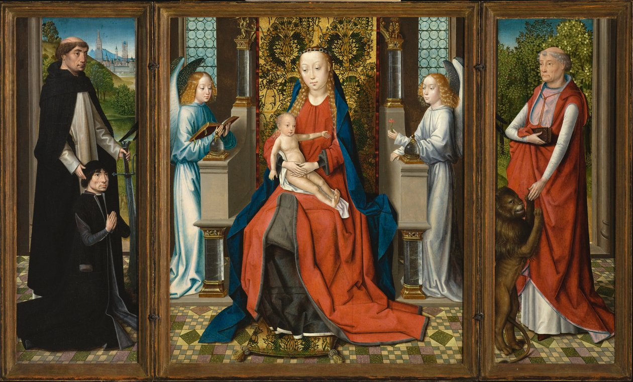 Triptyk av Madonna med barn och änglar, donatorn och hans beskyddare Sankt Petrus Martyren och Sankt Hieronymus av Master of the Legend of Saint Lucy