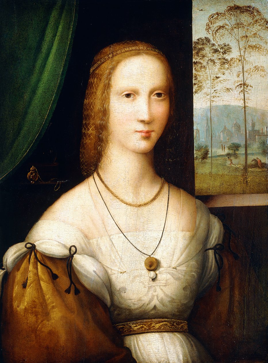 Porträtt av en dam, halvlångt, iklädd en vit klänning med guldärmar av Master of the Leonardesque Female Portraits