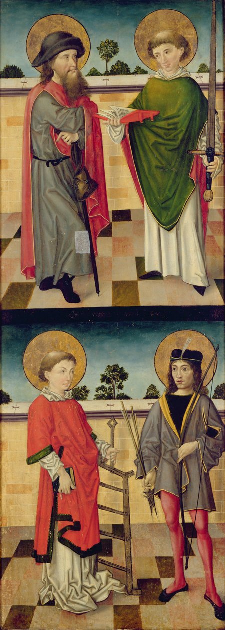 Överst: S:t Jakob som pilgrim och S:t Matteus med en bok och ett svärd i handen; Nederst: S:t Jakob som pilgrim och S:t Matteus med en bok och ett svärd: St. Lawrence med ett järn och St. Sebastian med pilbåge och pilbåge, baksidan av en panel från en alta av Master of the Luneburg Footwashers