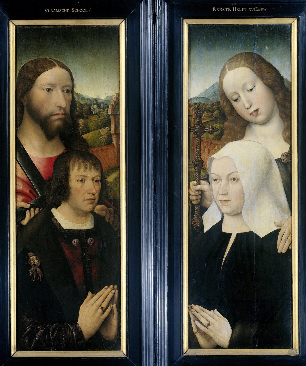 Två vingar av en triptyk med donatorn, Thomas Isaacq, åtföljd av Saint Thomas (vänster, yttre flygeln), och donatorns fru tillsammans med Saint Margaret (höger, yttre flygeln) av Master of the Magdalen Legend