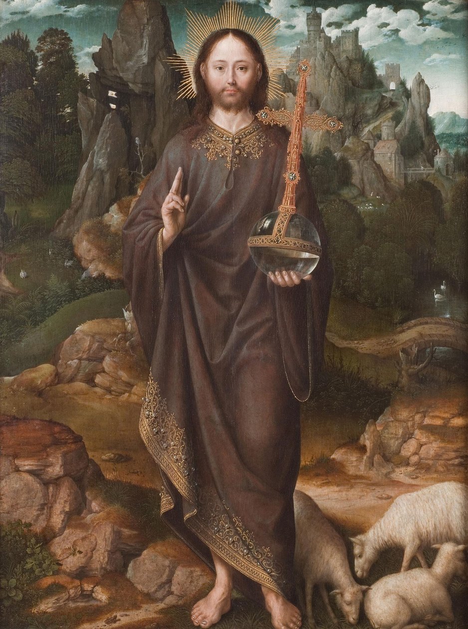 Holländska: Christus als Salvator Mundi Salvator Mundi i ett landskap av Master of the Mansi Magdalen