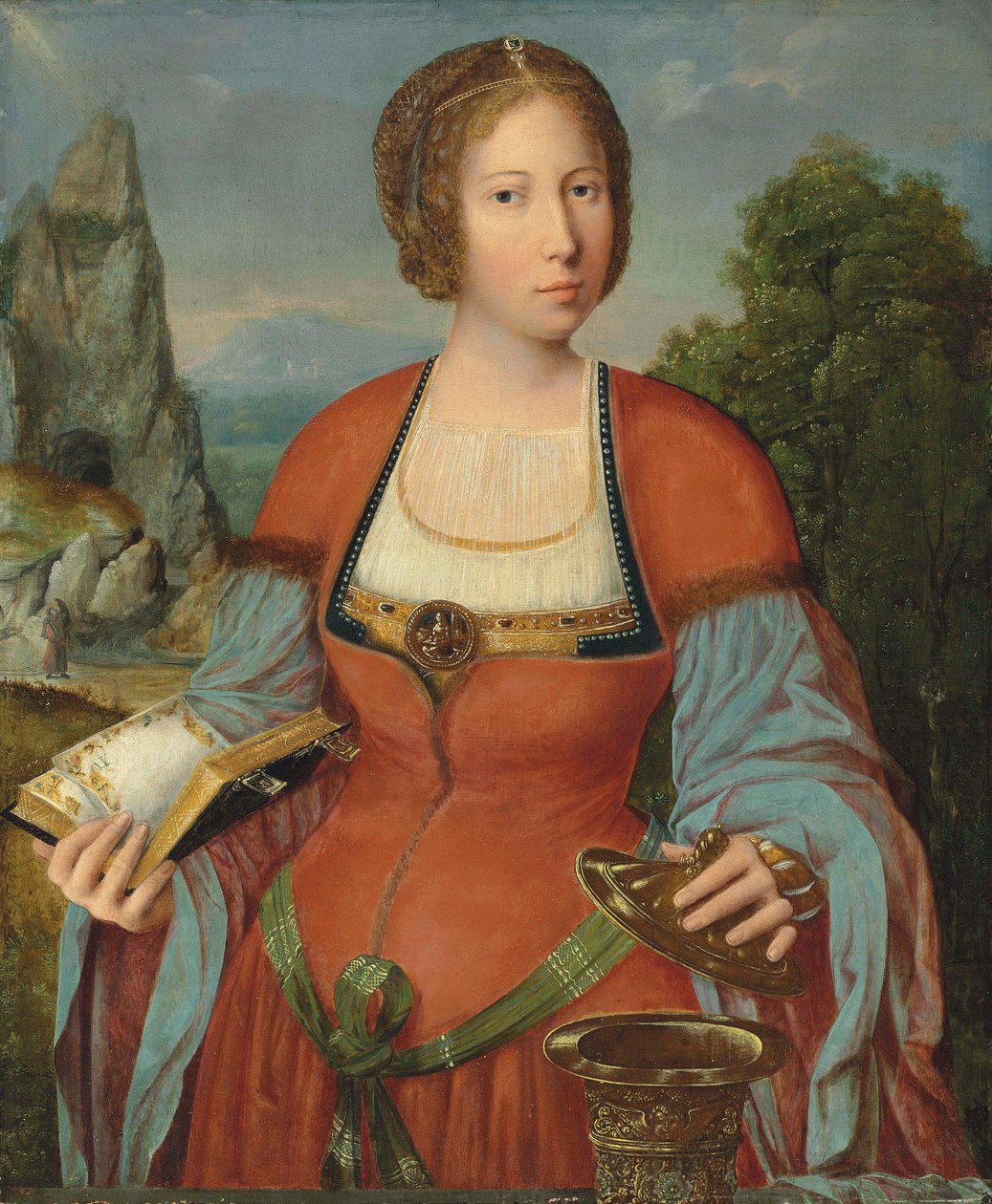 Magdalena håller i en timbok i ett landskap av Master of the Mansi Magdalen