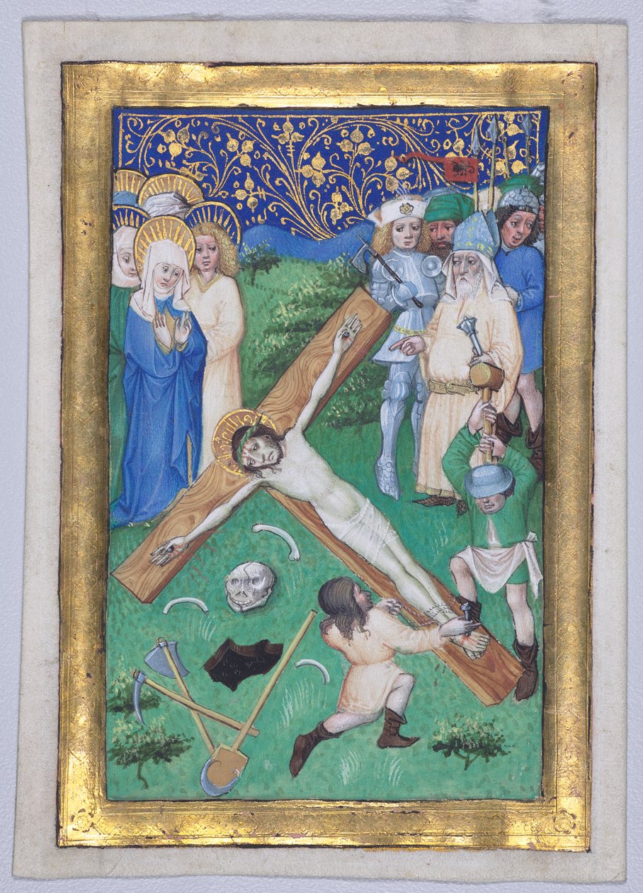 Blad från en timbok: Kristus spikas på korset av Master of the Maximilian Schoolbooks