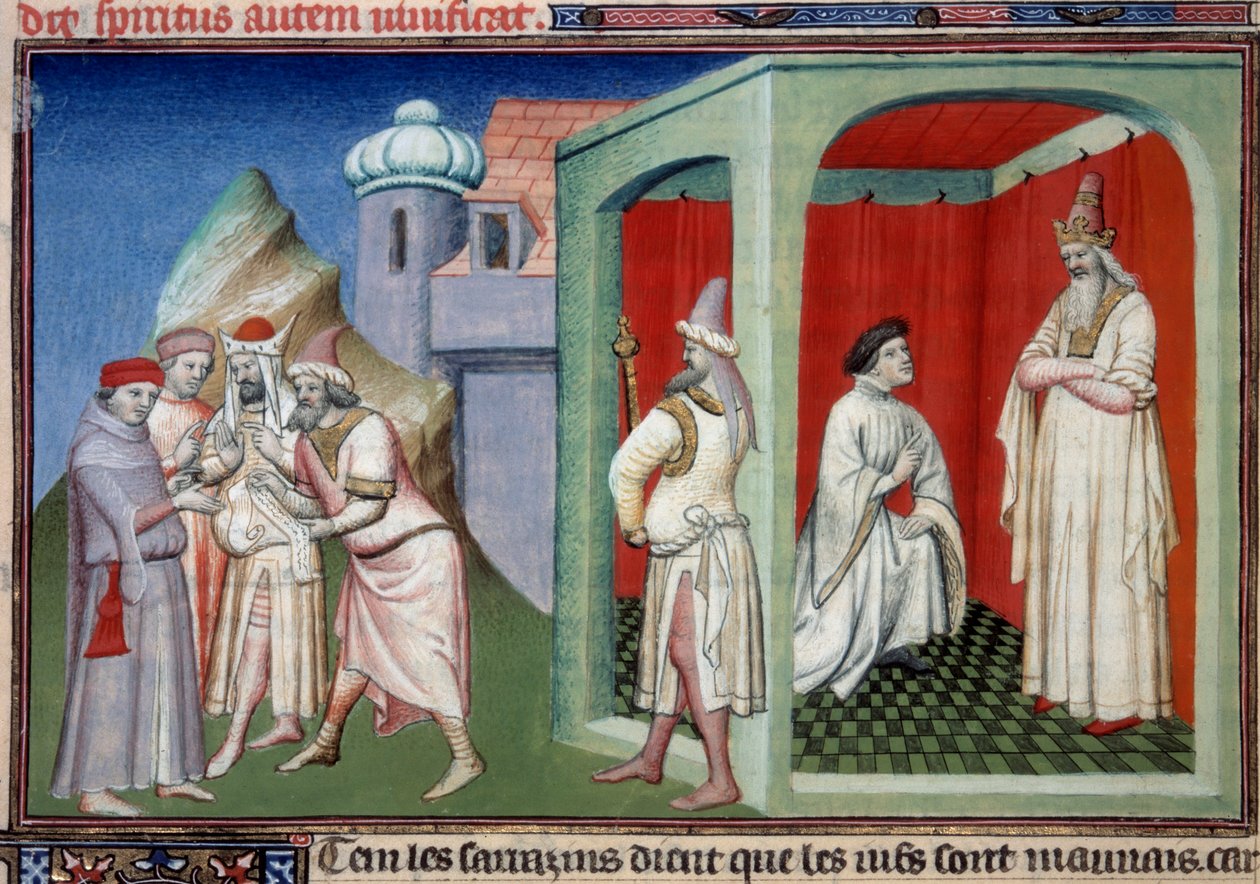 John of Mandeville och sultanen. Kontrovers mellan kristna och muslimer representerade av Jean de Mandeville, upptäcktsresande från Liège (1300-1372) och sultanen av saracenerna. Miniatyr i "" The Book of the Wonders of the World"" Ms. 2810 Folio 175v. Man av Master of the Mazarine