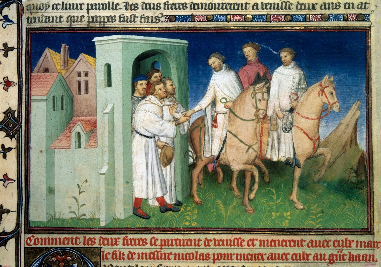 Matteo och Niccolo, bröderna Polo lämnar Venedig. Miniatyr hämtad från "" The Book of Wonders""" ("" Devisement of the World"", "" Il Milione") av Marco Polo (1254-1324) (Ms. 2810, Folio 4) upplyst av Mästaren på Mazarine, omkring 1410-1412. BN, av Master of the Mazarine