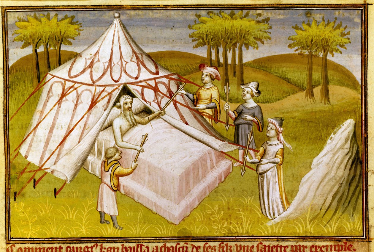 Den mongoliska ledaren Gengis Khan på sin dödsbädd och gav sina sista rekommendationer till sina söner, ca 1410 (miniatyr) av Master of the Mazarine