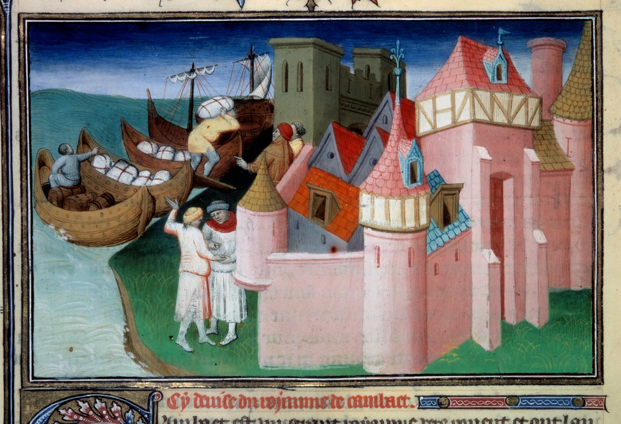 Lossning av bollar i staden Khambhat, Indien. Miniatyr i "" The Book of Wonders"" ("" Devisement du monde", "" Il Milione") Ms2810, Folio 86v. Manuskript inskrivet av Mästaren av Mazarine och skrivet av Marco Polo (1254-1324), ca. 1410-1412. BN, Par av Master of the Mazarine