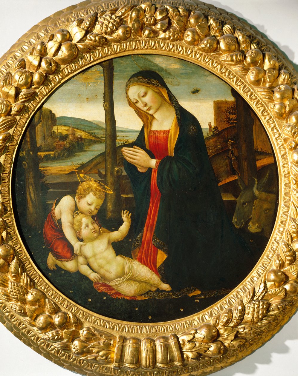 Madonna och barn med St. John (olja på panel) av Master of the Miller Tondo (attr. to)