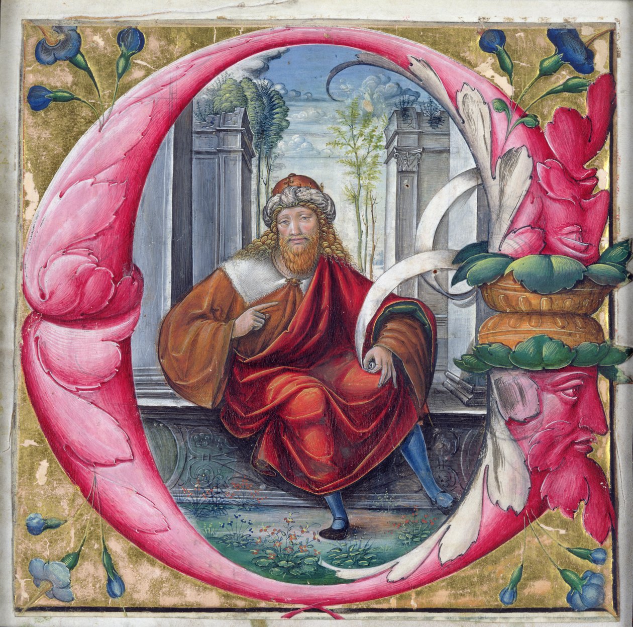 Historikerad initial C eller O föreställande kung David av Master of the Monogram B.F