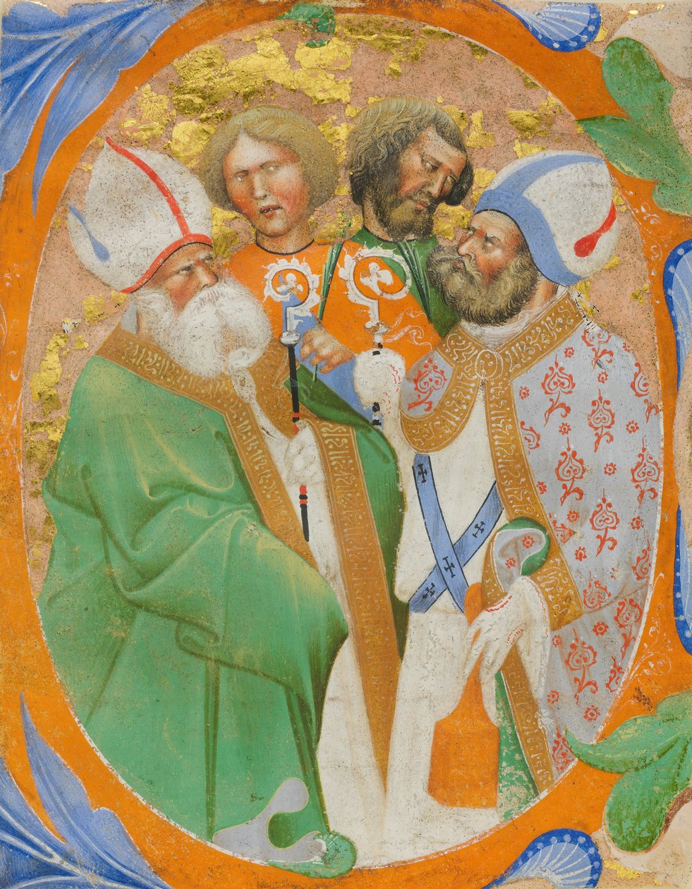 Manuskriptbelysning med fyra heliga i ett initialt O, från en körbok, italienska, 1440-50. av Master of the Murano Gradual