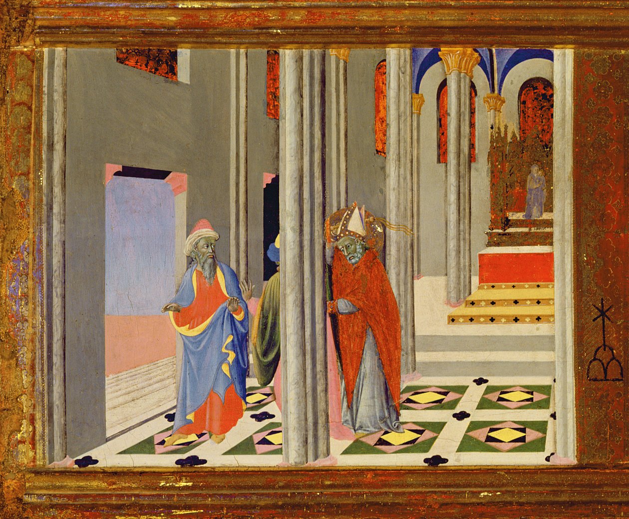 Den helige Ambrosius vägrar den romerske kejsaren Theodosius I den store tillträde till kyrkan i Milano, 1436 tempera på panel detalj av 741548 av Master of the Osservanza