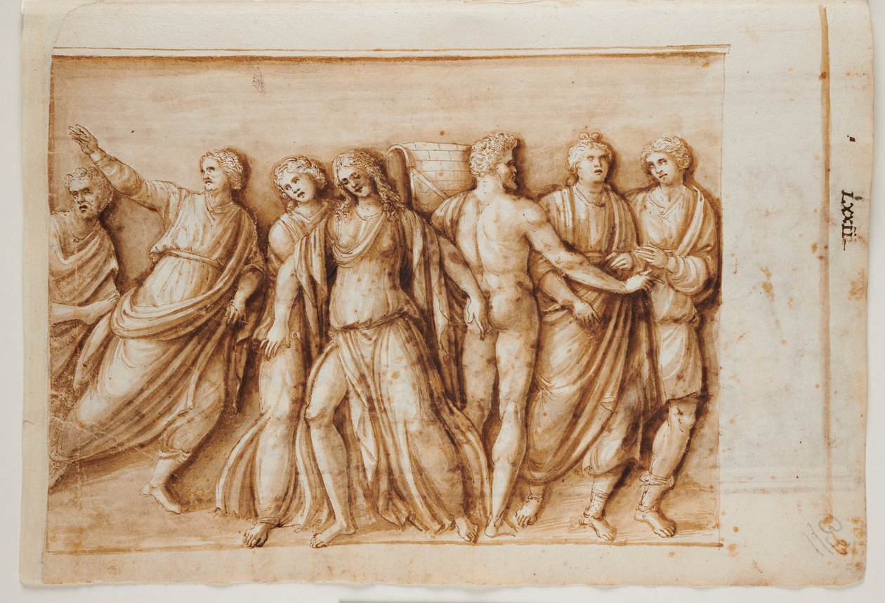 Folio 61, recto: The Return of Meleager from a Roman Sarcophagus, Rome, Palazzo Barberini, c.1512-17 (penna & brunt bläck med brun tvätt) av Master of the Oxford Album