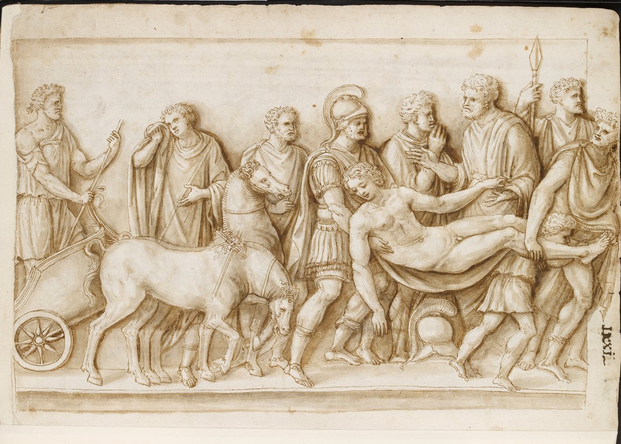 Verso: The Return of Meleager, från en romersk sarkofag, Palazzo Barberini, Rom, ca 1512-17 (penna och brunt bläck med brun tvätt) av Master of the Oxford Album