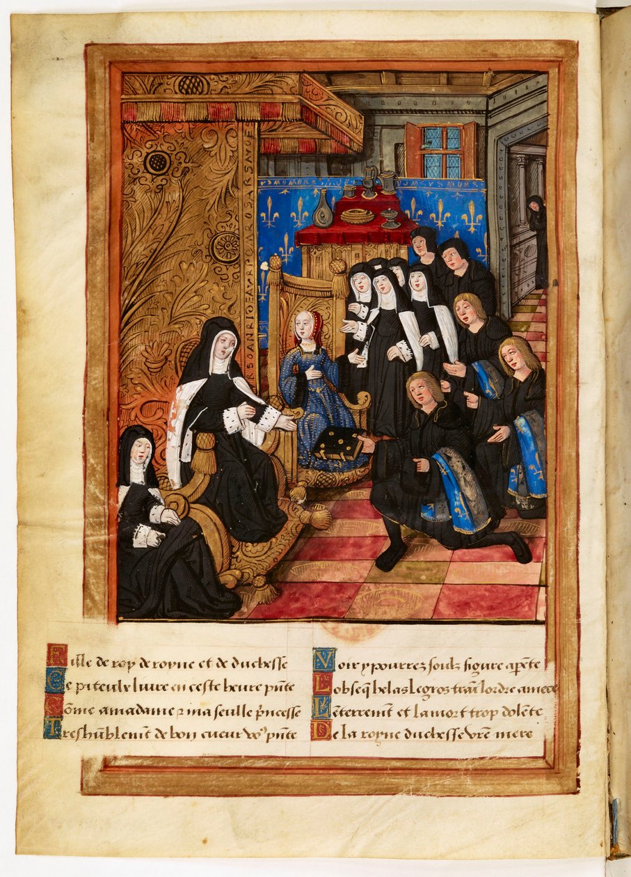 Till minne av och varning för Madame Anne (...) hertiginnan av Bretagne (...) död (...): dedikationsminiatyr som visar författaren Pierre Choque som ger sitt verk till drottning Anne av Bretagne, som utser Claude till sin arvinge. av Master of the Paris Entries