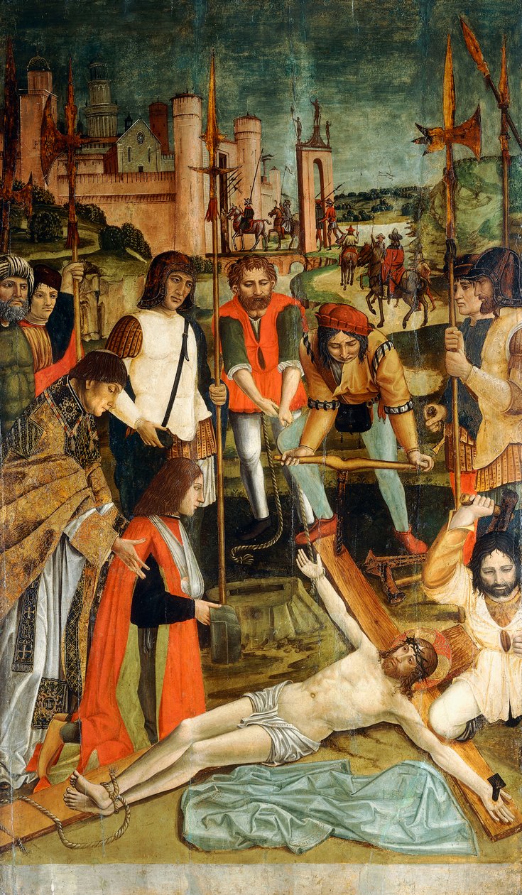 Kristus spikade på korset med en donator med armen i en sling presenterad av en präst av Master of the Pavia Deposition