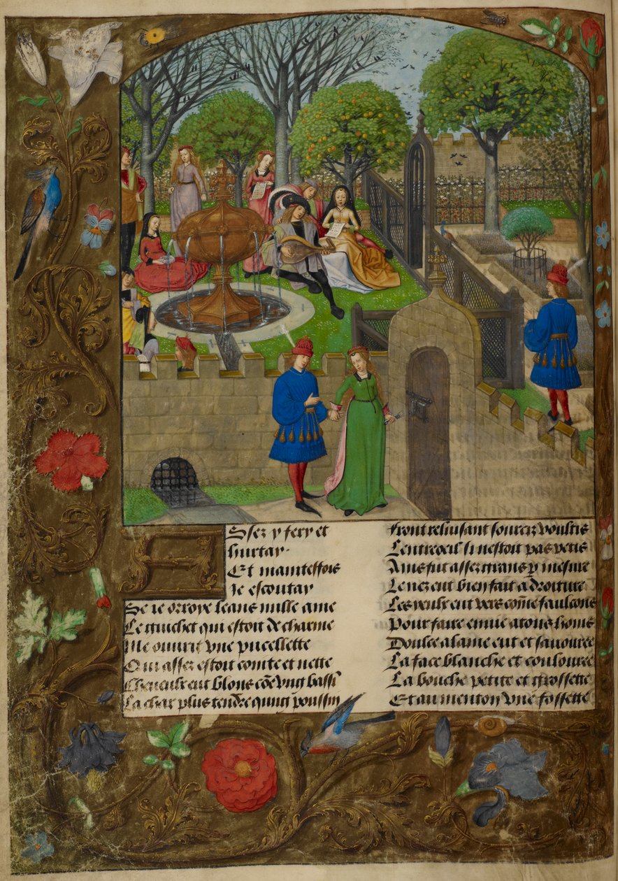 Harley_4425_f12v Lutenist och sångare i en muromgärdad trädgård. Älskaren och Dame Oyseuse (Idleness) utanför trädgårdens väggar, illustration från 