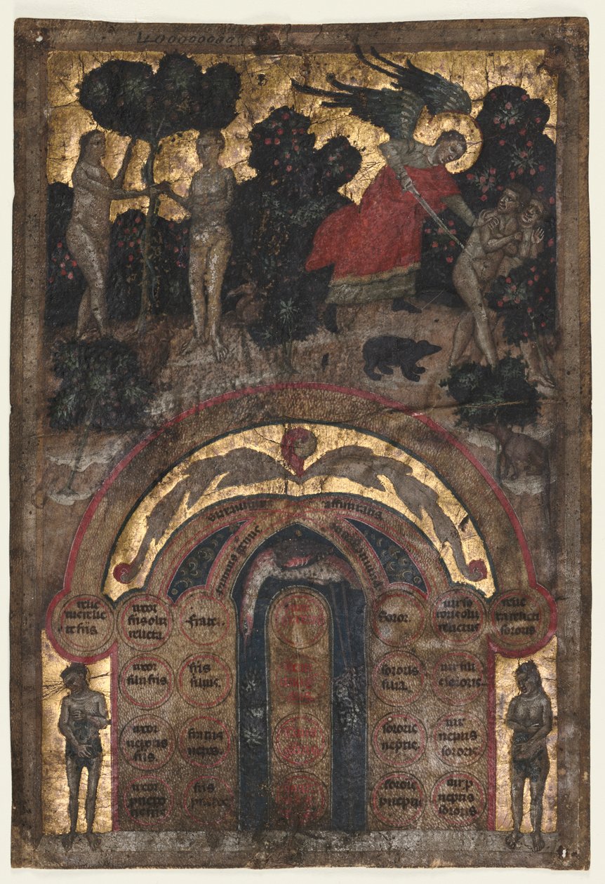 Blad från en volym av Johannes Andreas "Föreläsning om släktskapets och affinitetens träd: Affinitetstabell av Master of the Register of 1328