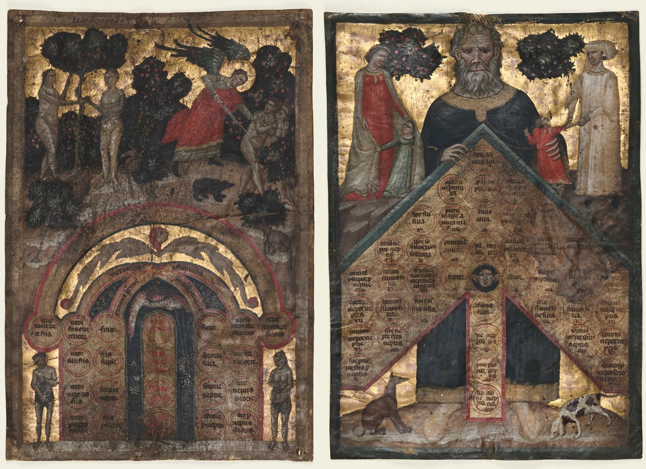 Blad från en volym av Johannes Andreas "Föreläsning om släktskapets träd: Table of Affinity och Table of Consanguinity av Master of the Register of 1328