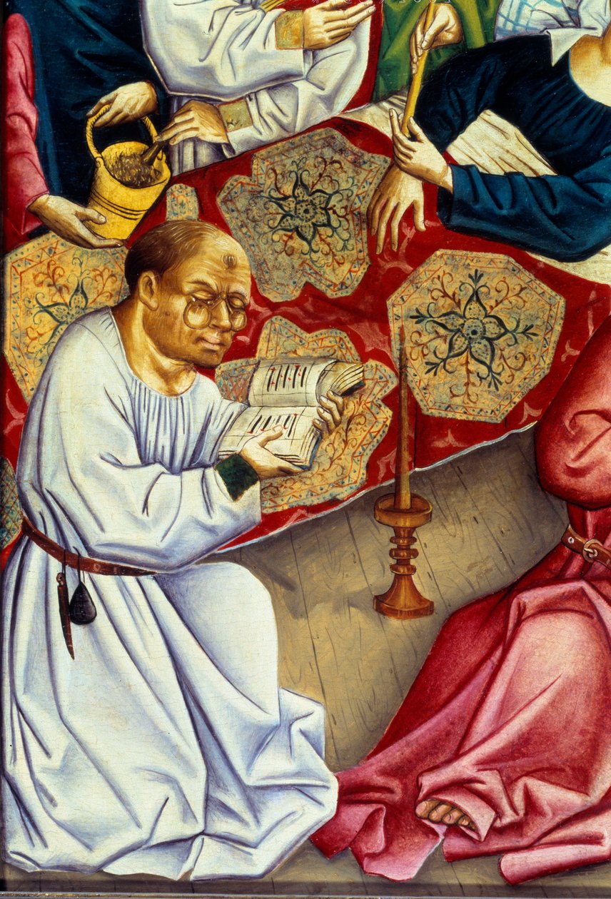 Jungfruns död Detalj som representerar en munk som läser med glasögon. Målning av Mästaren på Övre Rhen (1400-talet) av Master of the Rhine
