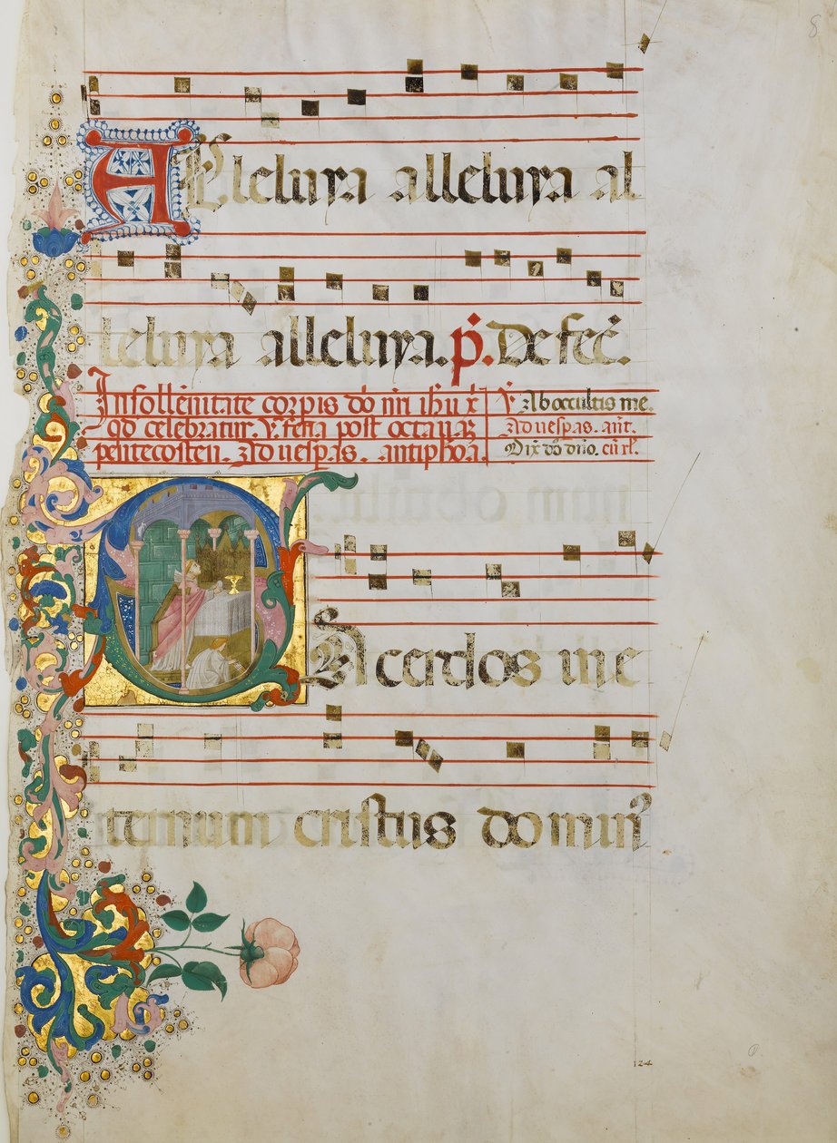 Manuskriptblad med firandet av en mässa i en inledande S..., andra hälften av 1400-talet. av Master of the Riccardiana Lactantius