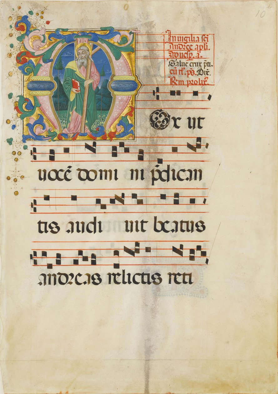Manuskriptblad med den helige Andreas högtid i ett inledande M ..., andra hälften av 1400-talet. av Master of the Riccardiana Lactantius